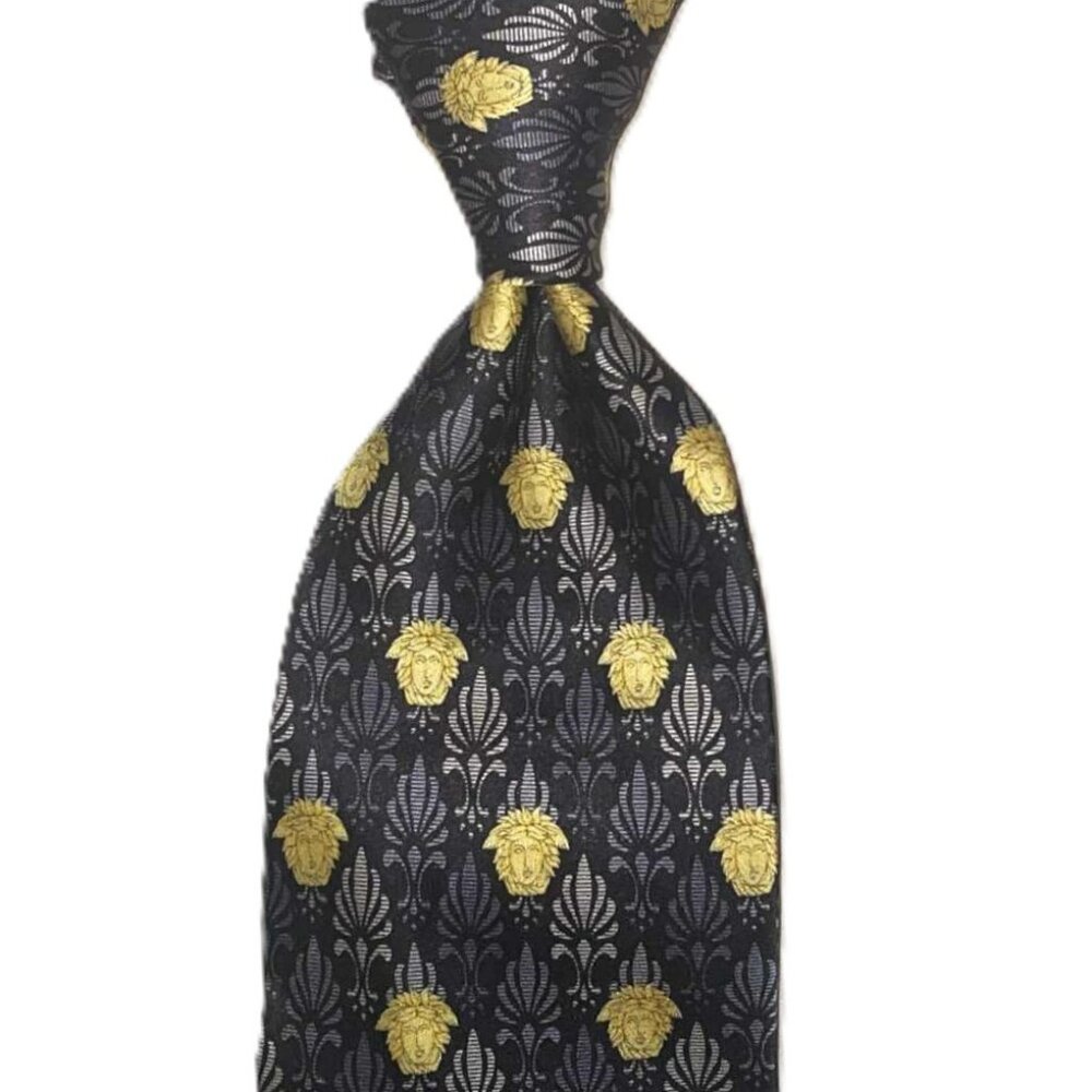 Vintage Versace Black Gray Gold Medusa Logo Necktie Men’s 100% Silk Tie 57”